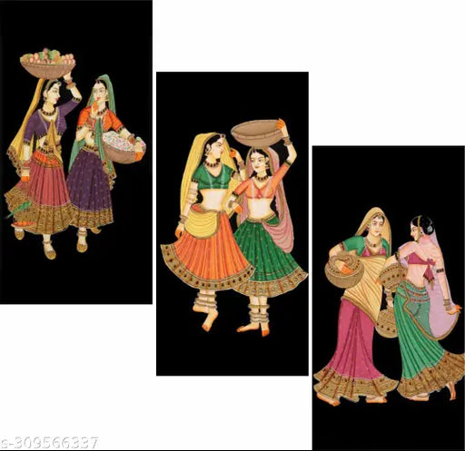 WALLMAX Set of 3 Rajasthani Woomen Painting UV Textured Wall Painting 12 Inch x 18 Inch Painting