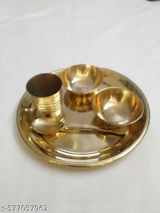 Leepax Brass Pooja Thali Set | Brass Pooja Traditional Bhog Arti Thali Set/Bhog Bartan/Prasad Bartan Small Utensils Set of 5 Pcs Plate, Spoon, Glass & 2 bowls Ideal for Home, Office, and Temple