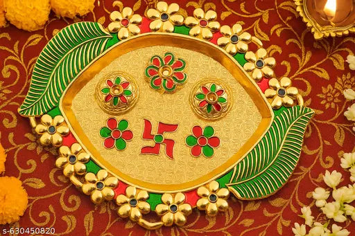 Decorative Fancy Gold Plated Pooja Thali/Haldi Kumkum Holder Box/Rakhi/Diwali Puja Plate.[10 Inch]
