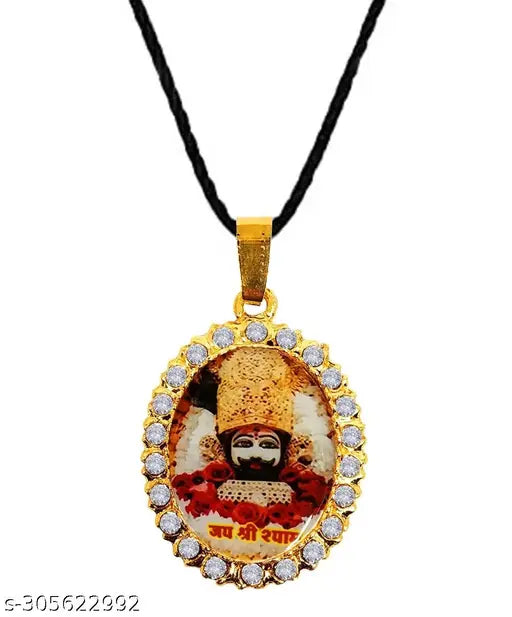Golden Oval Shape Diamond Nug Engraved Hindu God Lord Jai Shri Baba Khatu Shyam Barbarika Ji Locket Pendant Necklace With Cotton Dori Religious Spiritual Jewellery Set