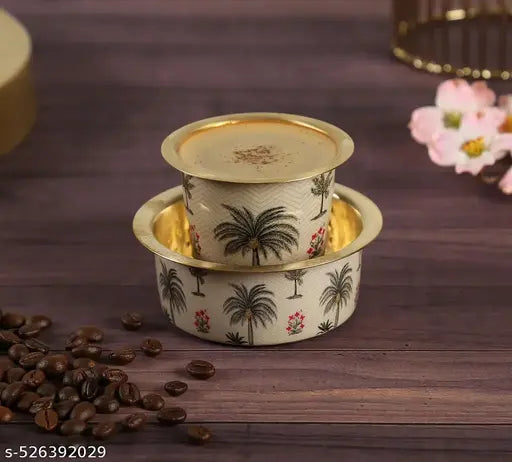 I M HANDICRAFT PRESENTED Brass Coffee Dabara Mirroring Coconut Tree printed Pure Brass South Indian Filter Coffee Set | Enamel Meena Printed Tumbler & Dabara Set | Traditional Brass Coffee Cup with Luxurious Gold Finish (Set of 1 Tumbler, 1 Dabara)