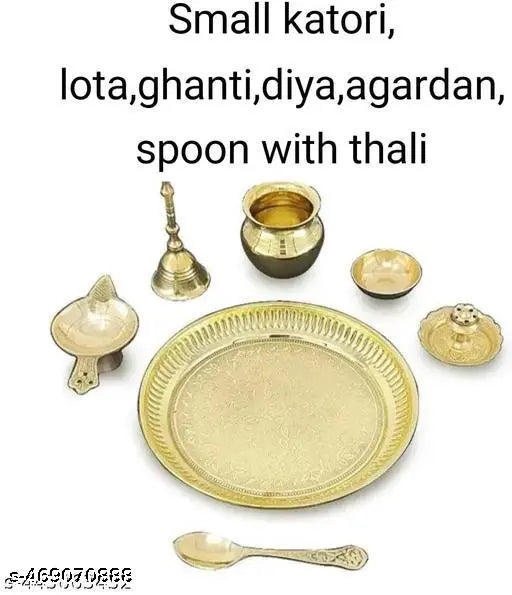 HARIDWAR TRENDS Pure Brass Pooja Thali Set 7 Pieces with Pital Puja Plate Kalash Bowl, Spoon ,Ghanti, Diya, Chandan Wati Dhup Dan Arti Thali for Diwali Home Office Mandir Wedding Return Gift Items