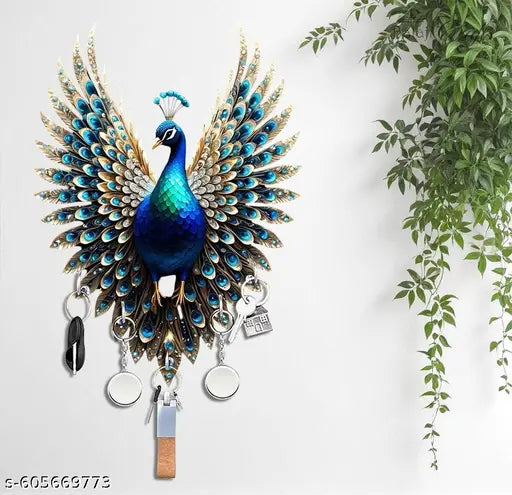 Peacock Wall Hook Organizer with Key Holders – Elegant Home Decor by Balaji Crafts