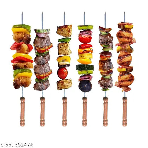 High Quality Pack of 5 (Size 12 Inch) BBQ wooden Stick , Barbecue Skewers, Barbecue Sticks for BBQ Tandoor, Grill | Stainless Steel Stick with Wooden Handle, Pack of 5
