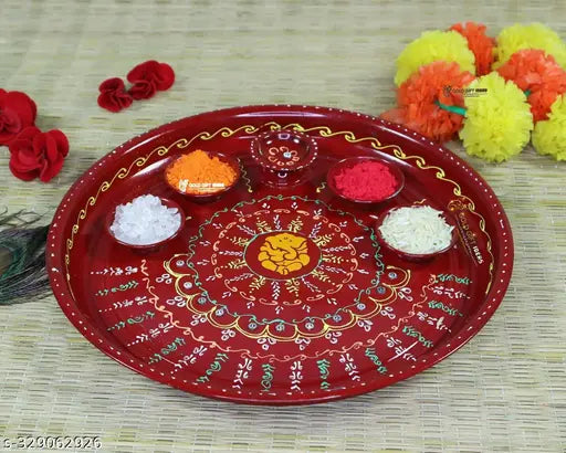 GW Ethnic Decorative Stainless Steel Hand Paint Ganesha Pooja Aarti Thali Set with Diya/Haldi Kumkum Holder/Rolli Chawal Plate | Puja Thali with Deepak Holder for Temple and Home
