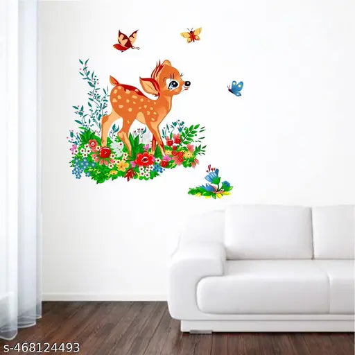 Inkfence 70x55 cm Wall Stickers Deer with Butterflies in Jungle for Kids Nursery Room Self Adhesive Sticker  (Pack of 1)