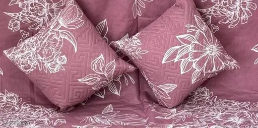 ST 5pc bedsheet set (1King size Bedsheet + 2 Pillow Covers (WITH ZIP)with Embroidery+ 2 Cushion Cover (WITH ZIP)with Embroidery with filler) Heavy Quality Multicolor QUILTED five piece set