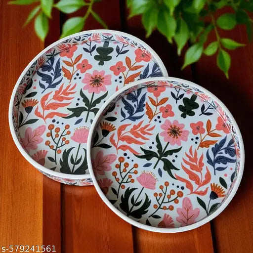 Madarks Set of 2 Floral Round Trays – 9 Inch & 7 Inch – MDF Printed Decorative Serving Trays with Enamel Coating – Lightweight, Durable & Easy to Clean – Ideal for Snacks, Drinks, Decor