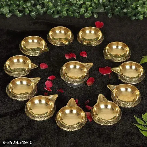 Brass Diya Golden (Size 2.5 inch) Brass Diya for puja, Handmade Indian Puja for Diwali Lamp Engraved Deepawali. (6)