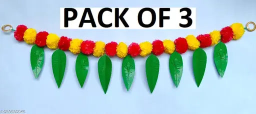 toran pack of 3 , Artificial Marigold Flower Door Toran with Mango Leaves & Ganeshh Ji Design – Pack of 3 | Decorative Bandarwal for Home, Pooja, Festival (39 Inch)