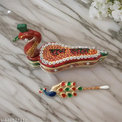 Ash Wood Tika Chopra in Peacock Shape Meenakari Work Kumkum Box With Shubh Labh Written On The Top Middle With Free Peacock Shape Multicolour Tilak Stick