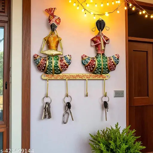 Handcrafted Rajasthani Couple Wall Hanging Key & Cloth Holder – 12 Inch