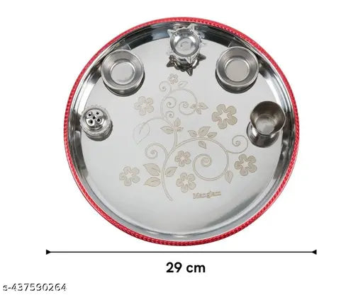 29 cm pooja plate for home and office temple with diya,roli chawal holder, glasi and gheepot
