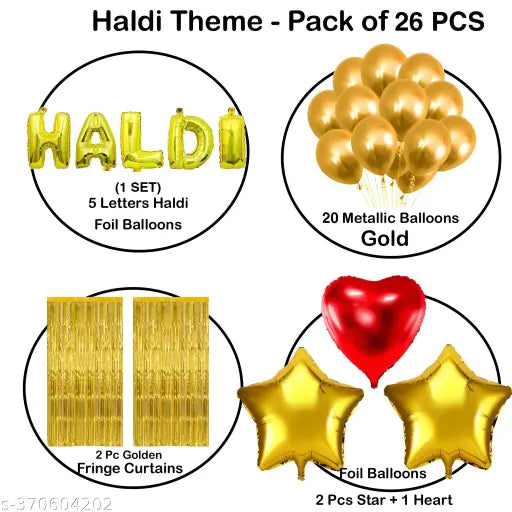 Golden Metallic Balloons, Haldi Foil Letters Balloons, Star Heart Foil Balloons, Gold Fringe Curtains Haldi Decoration Set for Wedding/Girls - Pack of 26
