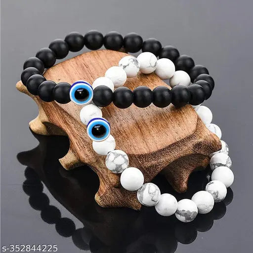 COMBO OFFER Couple Bracelet Evil Eye Natural Stone Beads Black and White Distance Love Adjustable Bracelet For Women Men Friendship Bracelet Jewellery Shape Dual Side Blue Stone Moti Beads Evil Eye Nazar Suraksha Kavach Pendant Locket Charm Necklace