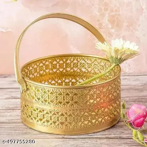 Pluxhomo Flower Basket | Pooja Basket with Handle | Dolchi Basket for Puja Brass Traditional Round Shape Pooja Basket/Pooja Dalia (8 Inch X 3.5inch)