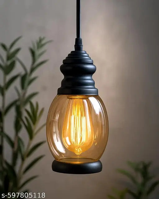 Kalawall Hanging Pendant Light, Black Metal and Glass Shade, Adjustable Cord, Decorative Ceiling Lamp for Living Room, Dining Room, Kitchen, Bedroom, Home Decor, Warm Glow (Amber)