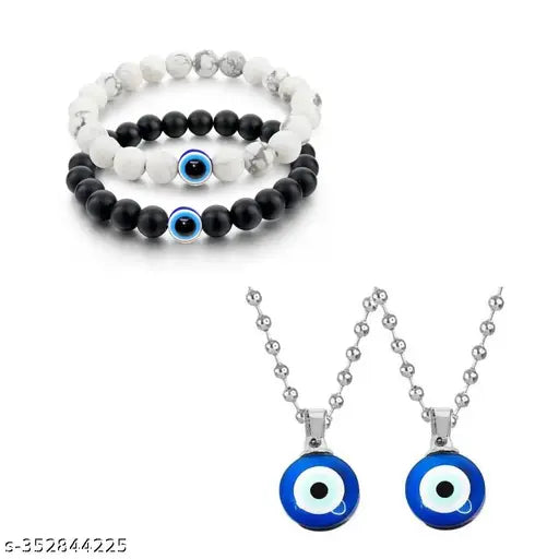 COMBO OFFER Couple Bracelet Evil Eye Natural Stone Beads Black and White Distance Love Adjustable Bracelet For Women Men Friendship Bracelet Jewellery Shape Dual Side Blue Stone Moti Beads Evil Eye Nazar Suraksha Kavach Pendant Locket Charm Necklace