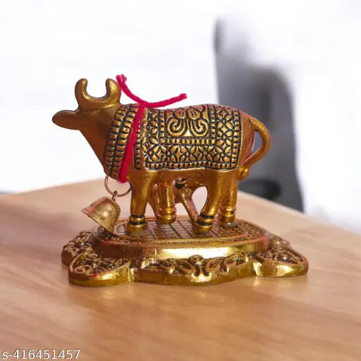 Beautiful Metal Kamdhenu Cow Murti And Calf Idol With Golden Polish Kamdhenu Gay murti And Attractive Cow Statue For Home Decor Showpiece 5.5 Cm
