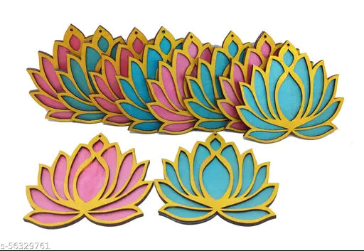 Set of 12 Golden Lotus Wooden Cutout | Rose Pink (6) Ocean Blue (6) | Lotus DIY Rangoli Kit | Decoration for Diwali, Dashera | For Rangoli, Pooja, Decorations, Festival Gift, Wedding Decorations