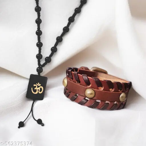 M Men Style  Religious Lord Shiv Om Pendant Mala With Men's Biker Leather Bracelet - Handcrafted Vintage Black Braided Cuff with Metal Studs | Punk Rock Wristband for Men SCom202529