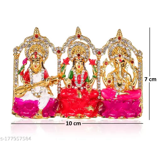 Lord Laxmi Ganesha Sarswati Idol | Laxmi Ganesha Sarswati Ashirwad Idol Metal Statue for Car Dashboard | Mandir Pooja Murti | Temple Puja | Diwali Puja | Home Decor | Office Showpiece