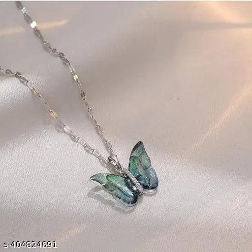 Butterfly Pendant Necklace for Women & Girls Stylish Blue Silver Necklace | Neck Chain | Locket | Modern Design | Birthday & Special Occassion Gift Aesthetic Jewellery Accessories anti tarnish