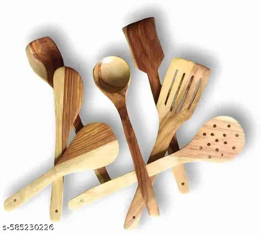 VIAPRADHAN Eco-Friendly Wooden Cooking Spoon Set, 7-Piece, Brown