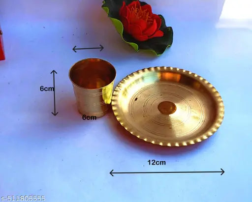 Mataraenterpraise24-Handmade Brass Puja Thali/Pure Brass Pooja Plate, Brass 4 Thali Set with 4  Glass for Temple, Home Décor & Office (combo) Gold