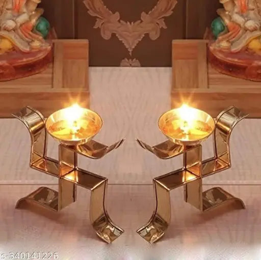 KAPER Brass Diya for Pooja Set of 2 Swastik Akhand Diya Oil Lamp Lanterns Deepak for Mandir Diwali and Festive Decorations
