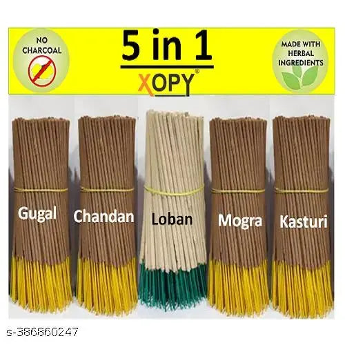Agarbatti Combo Pack | Pack of 5 | Gugal, Loban, Kasturi, Mogra, Chandan | Floral Natural Incense for Puja, Meditation, Freshness, Happy Vibes