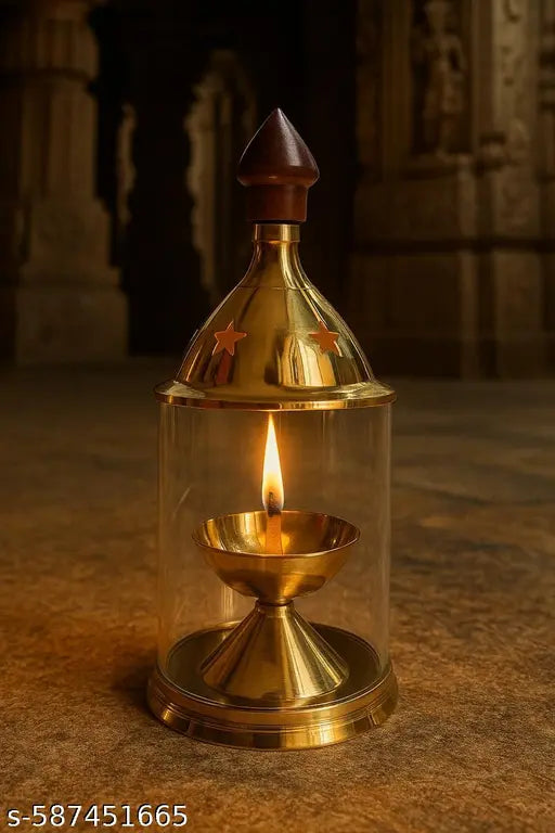 Traditional Brass Diya Lantern with Incense Holder and Hindu God Statues - Spiritual Puja Ritual Set
