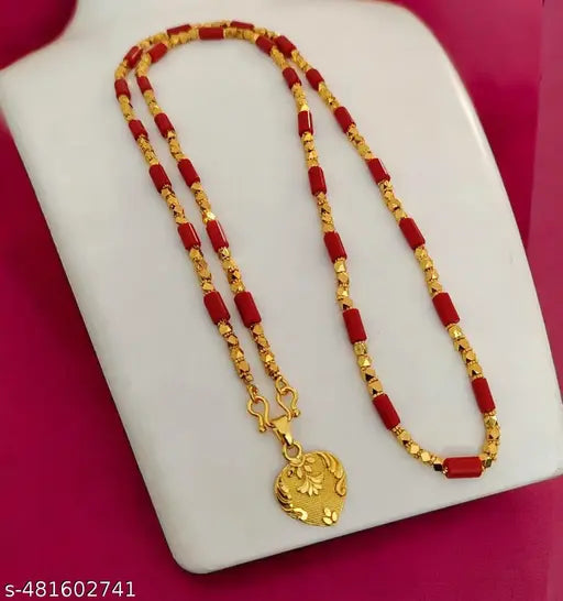 One Gram Gold Plated  Corel Red Green Beads Necklace Chain Mala With Doller Heart Pendent 28 Inch Long For Women