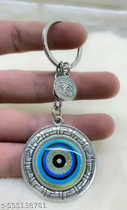 Blue and Silver Round Evil Eye Keychain for Bike/Car, Anti-Rust with Key Ring, Protective Symbol for Good Luck, Ideal for Gifting, Durable and Stylish