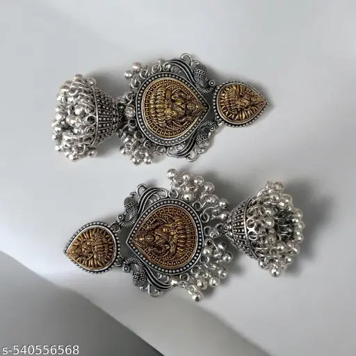 Traditional Temple Jhumka Earrings for Women | Antique Oxidized Silver & Gold-Tone Lakshmi Design | Ethnic Indian Jewelry for Weddings & Festivals