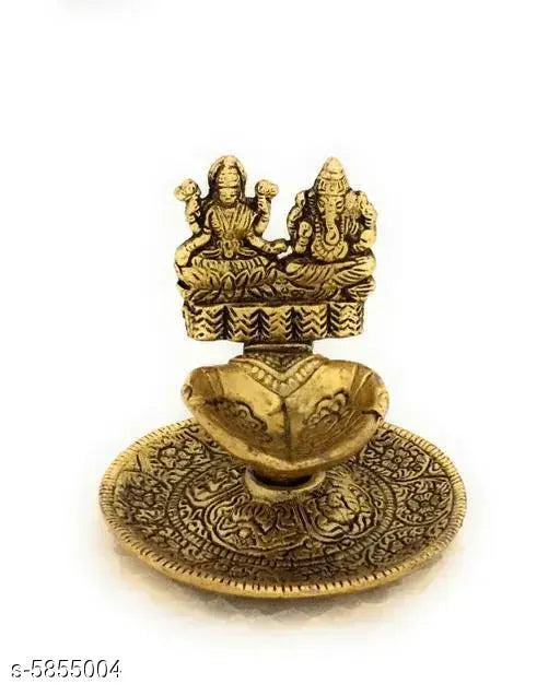 Metal Pooja Diya with Laxmi Ganesh Design for Home Temple, Mandir Decoration, Diwali Festival, Office Desk & Religious Gift