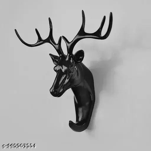 Plastic Deer Head Hanging Hook, Self Adhesive Wall Door Hook Hanger Bag Keys Sticky Holder (Black)