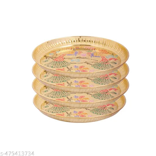 Pure Brass Plate Thali Serving Purpose Engraved Peacock Design 8 Inch Pack of 4