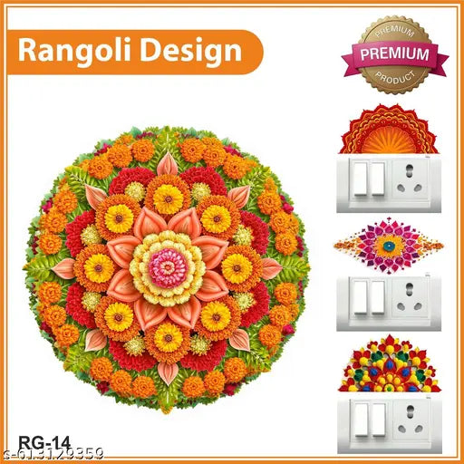 Traditional Marigold Bloom Rangoli 32x32 cm & Switch Decal Set (Pack of 1)