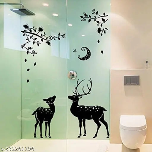 Wall Decal Sticker black deer leaf design with Moon Night Stars Self Adhesive Sticker  (Pack of 1)