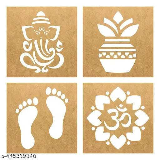 Wooden Rangoli Stencils Set for Diwali Decoration | Home Decoration (4 pcs, 4x4 inches)  By Sr Enterprises