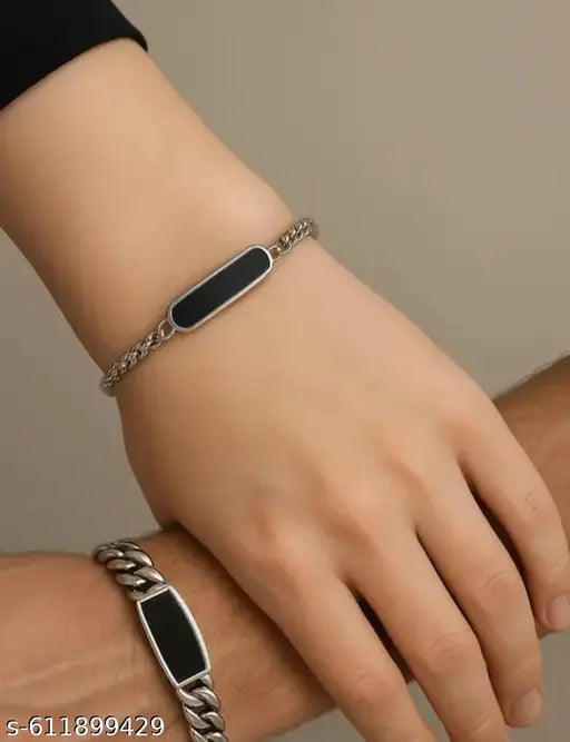 Stylish Stainless Steel Couple Bracelets - Black Engraved ID Plate Design for Men & Women, Trendy Adjustable Link Chain Set
