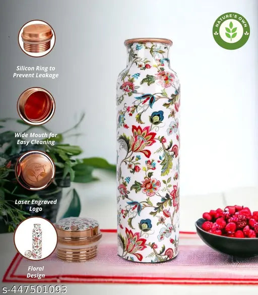900ml Pure Copper Water Bottle For Drinking – 34 Oz –  Ayurvedic Pure Copper Flower Design Meena Water Bottles For Drinking More Water - Leak Proof Heavy Duty Copper Vessel 100% Leak Proof, For Home, Office, Gym Gift