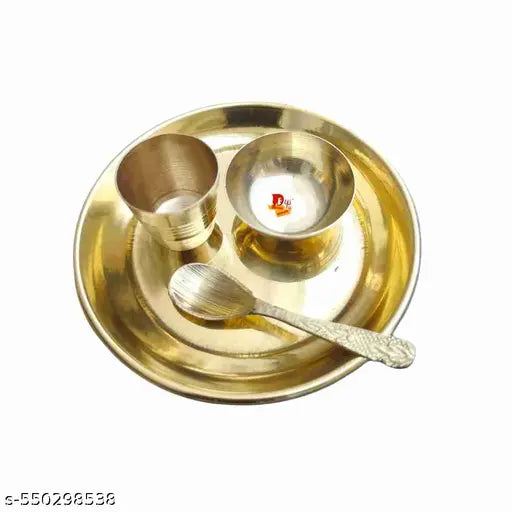 HARIDWAR TRENDS Kanha Ji Bhog Thali, Laddu Gopal Bhog Plate, Bhog Thali Set,  Bhog Thali Set with 1 Katori, 1 Glass, 1 Spoon, Pooja Plates Thali 4 Pcs Set (Size: 5 Inch)