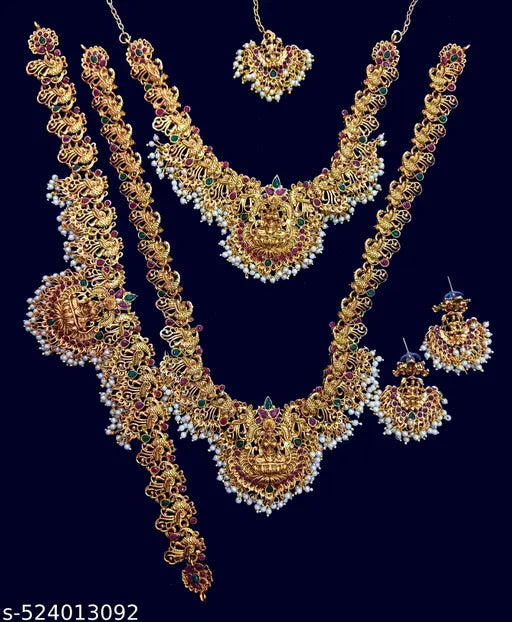 Exquisite Matte Gold Plated Temple Necklace with kamar belt and mang tika