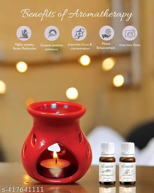 CHEECO Oil Burner Candle Diffuser for Home Fragrance, with 1 T-Light & 2 10 ml Aroma Oil-Fragrance Lemon Grass & Lavender (Red Diffuser Pot)