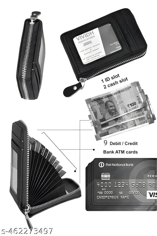 PU Leather 10 Slot Vertical Credit Debit Zipper Card Holder Money Wallet Coin Purse for Men & Women