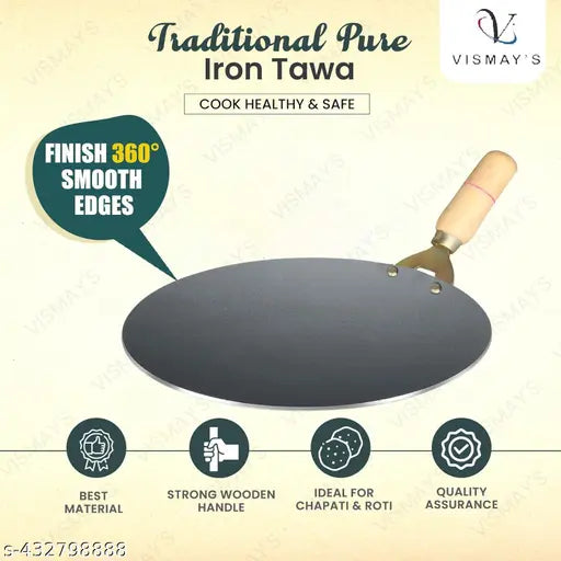 VISMAY'S Tawa Iron Tawa, Original Handmade Loha Iron Lokhand Roti/Chapati Tawa with Wooden Handle (9.5 inch)