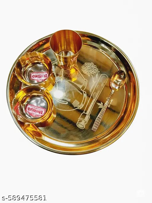 Pure Brass Puja Thali Set of 5 Pieces | 8.5 inch Large Bhog Thali for Temple Use | Brass Plate, Glass, Spoon & Bowls | Pooja Essentials