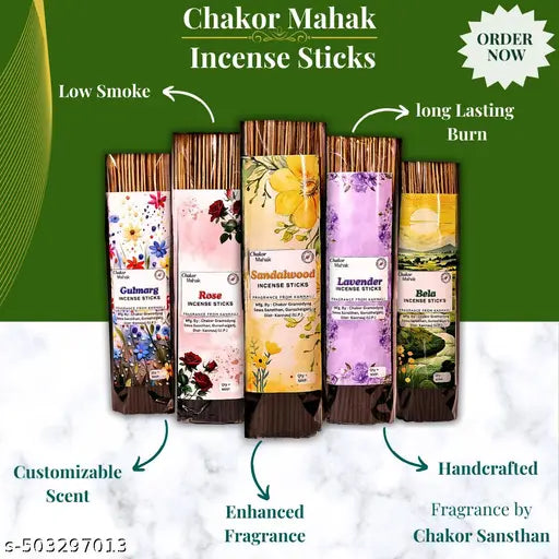 Chakor Mahak Agarbatti Combo Pack of 5, Rose, Sandalwood, Bela, Lavender, Gulmarg